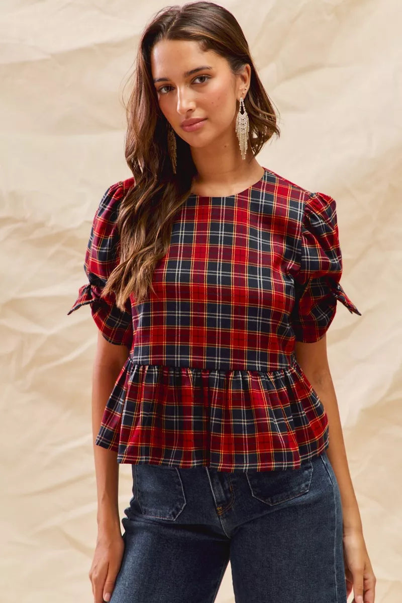 Christmas Holiday Plaid Ribbon Short Sleeves Top