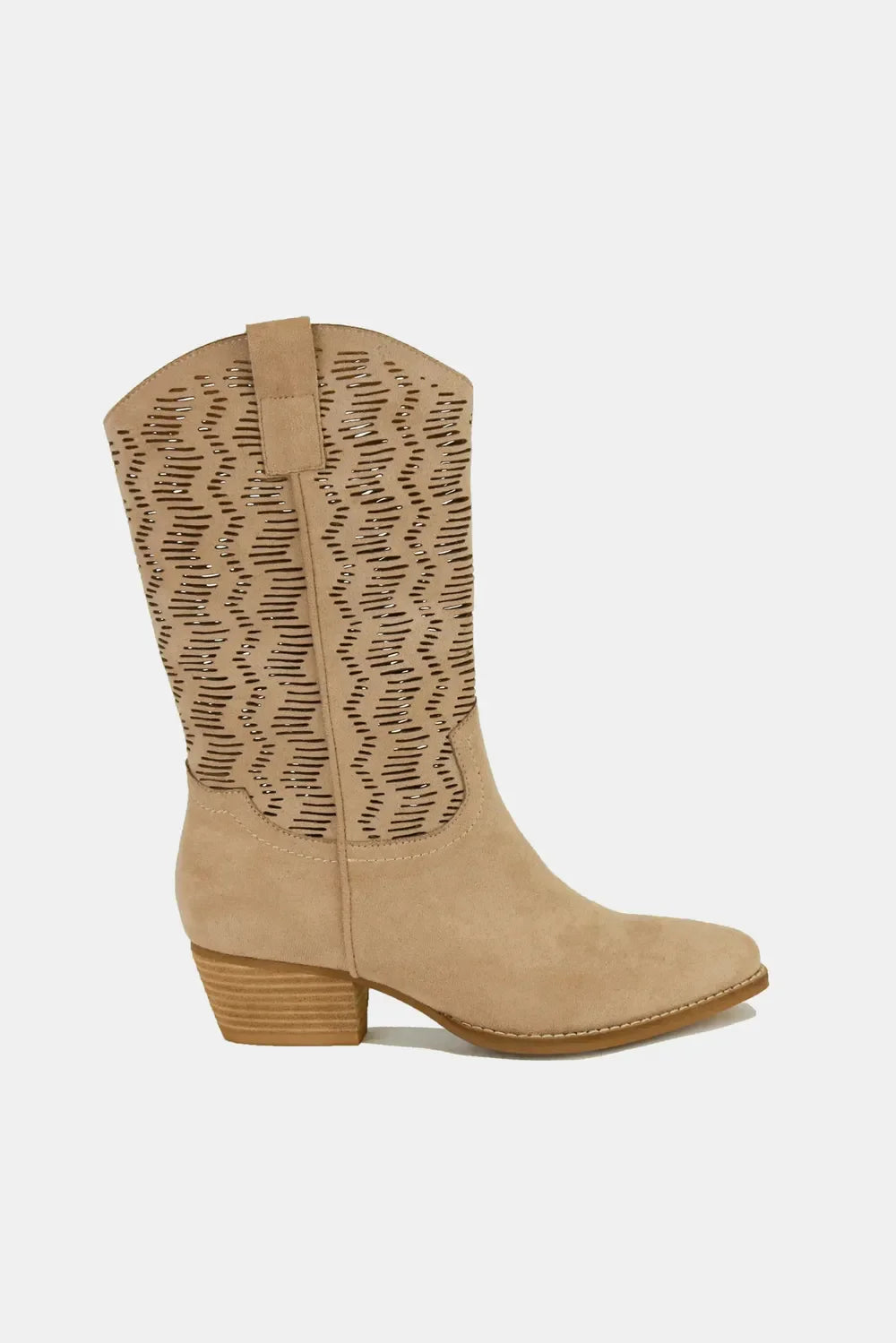 Fashion Faux Suede Laser Cut Detail Block Heel Boots