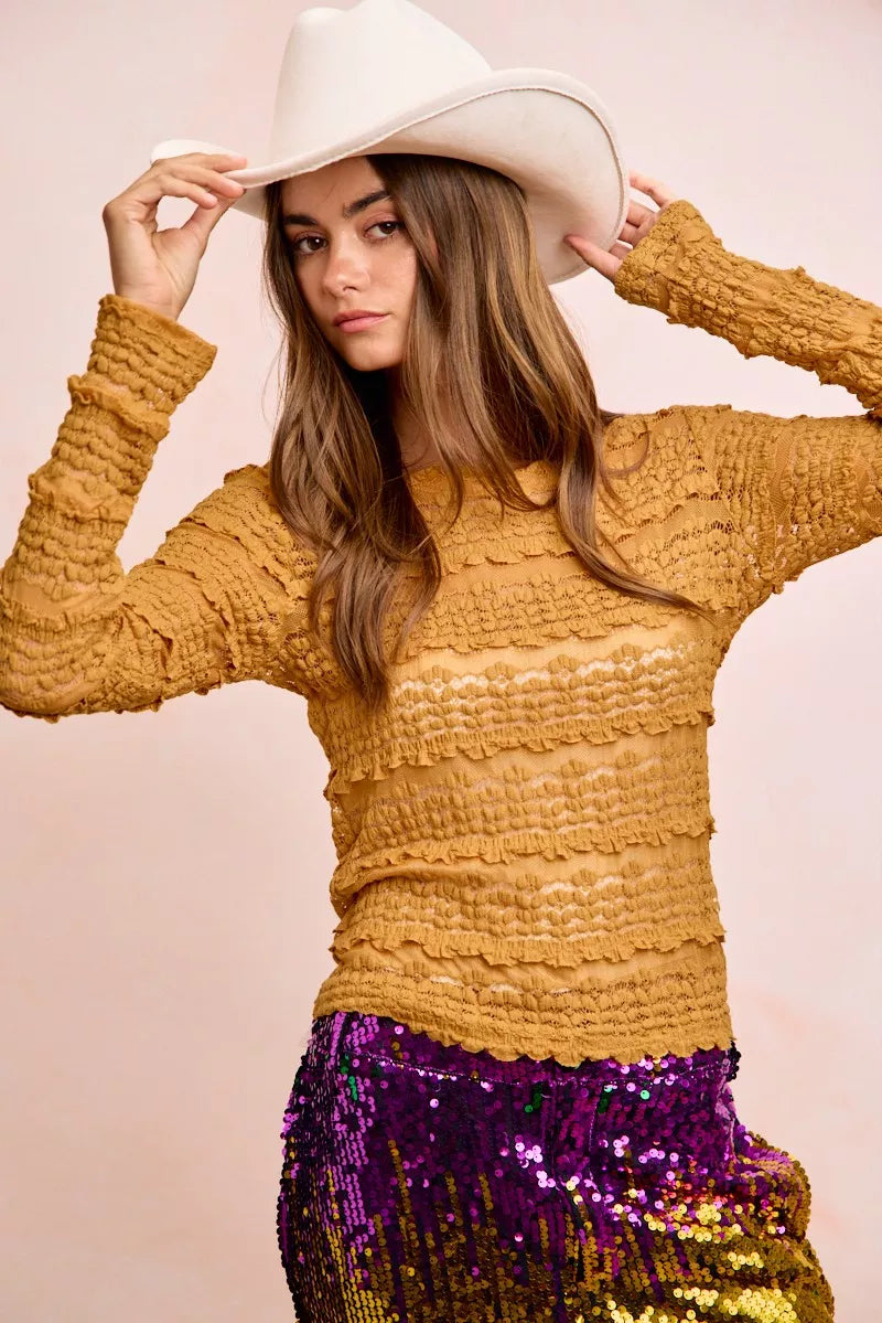Ruffles Detail Mardi Gras Color Flower Lace Top