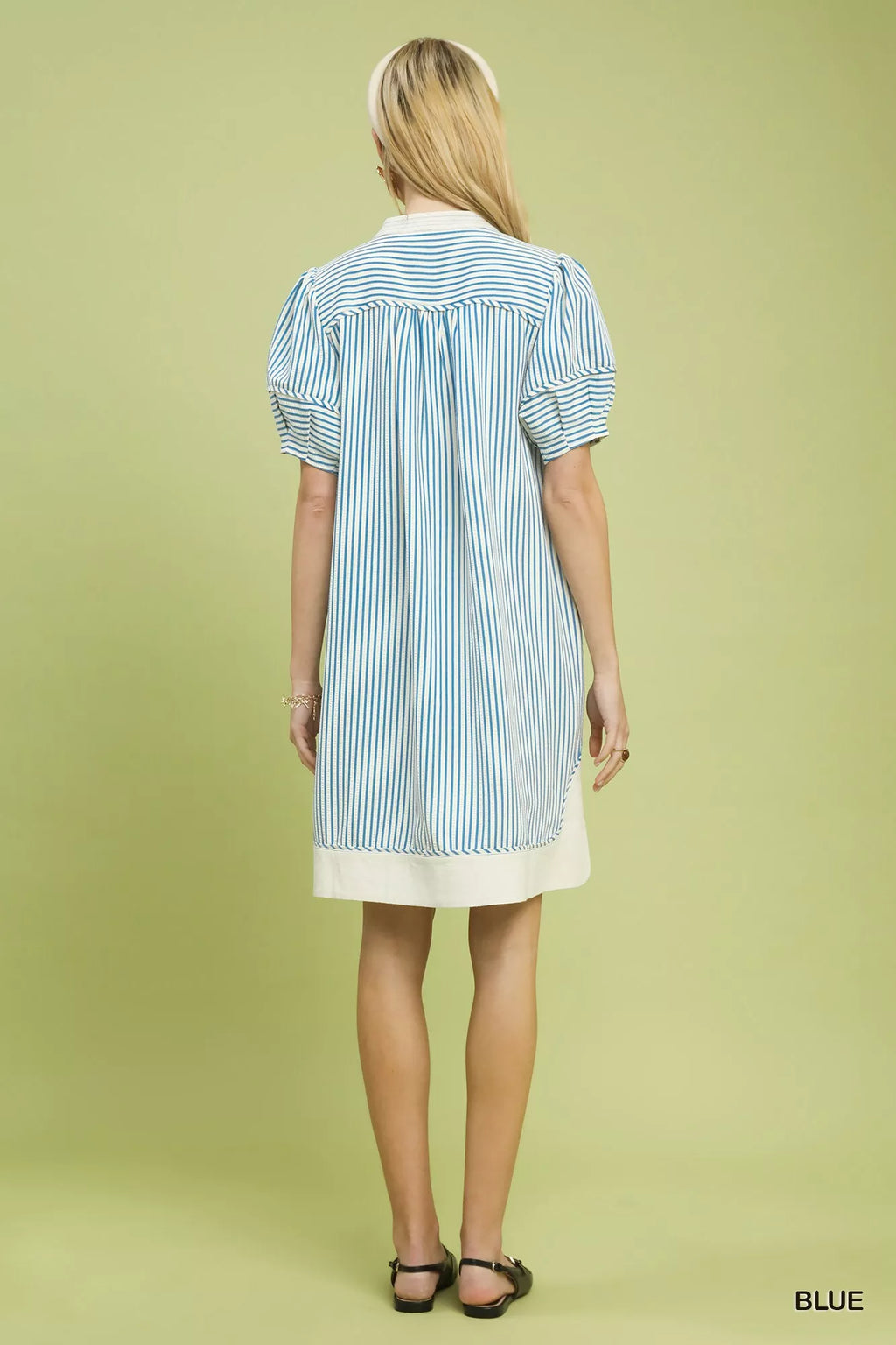 Pinstripe Shift Dress with Contrast Trim