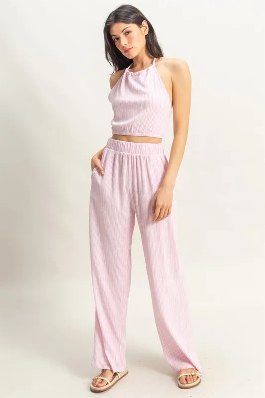 Striped Halter Neck Top and Pants Set