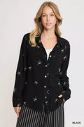 Linen Blend Fitted Shirt with Ribbon Embroidery Details