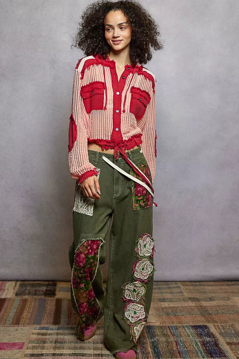 Texture Woven Button Down Hooded Shirt with Drawstring Hem