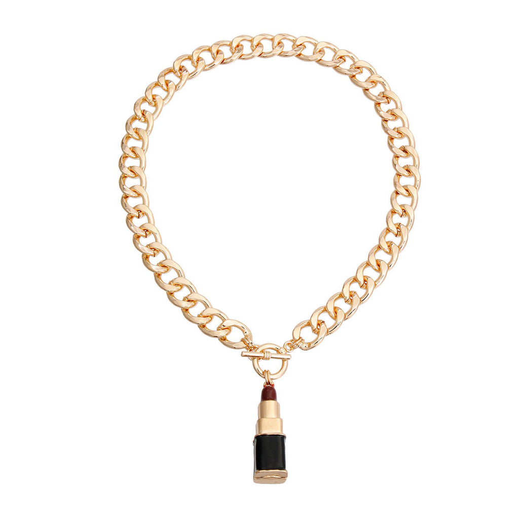 Lipstick Charm Necklace Burgundy Stylish Statement Jewelry