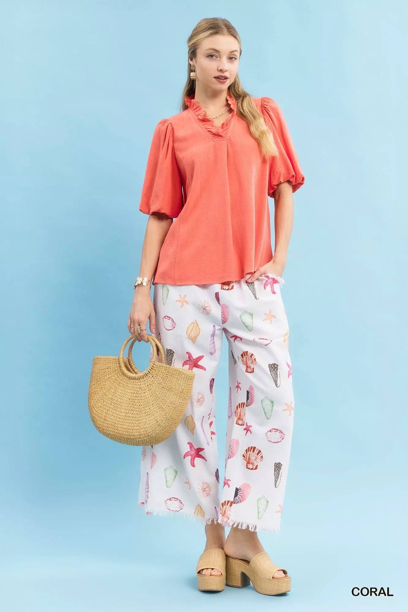 Linen Scallop Trim V-Neck Blouse