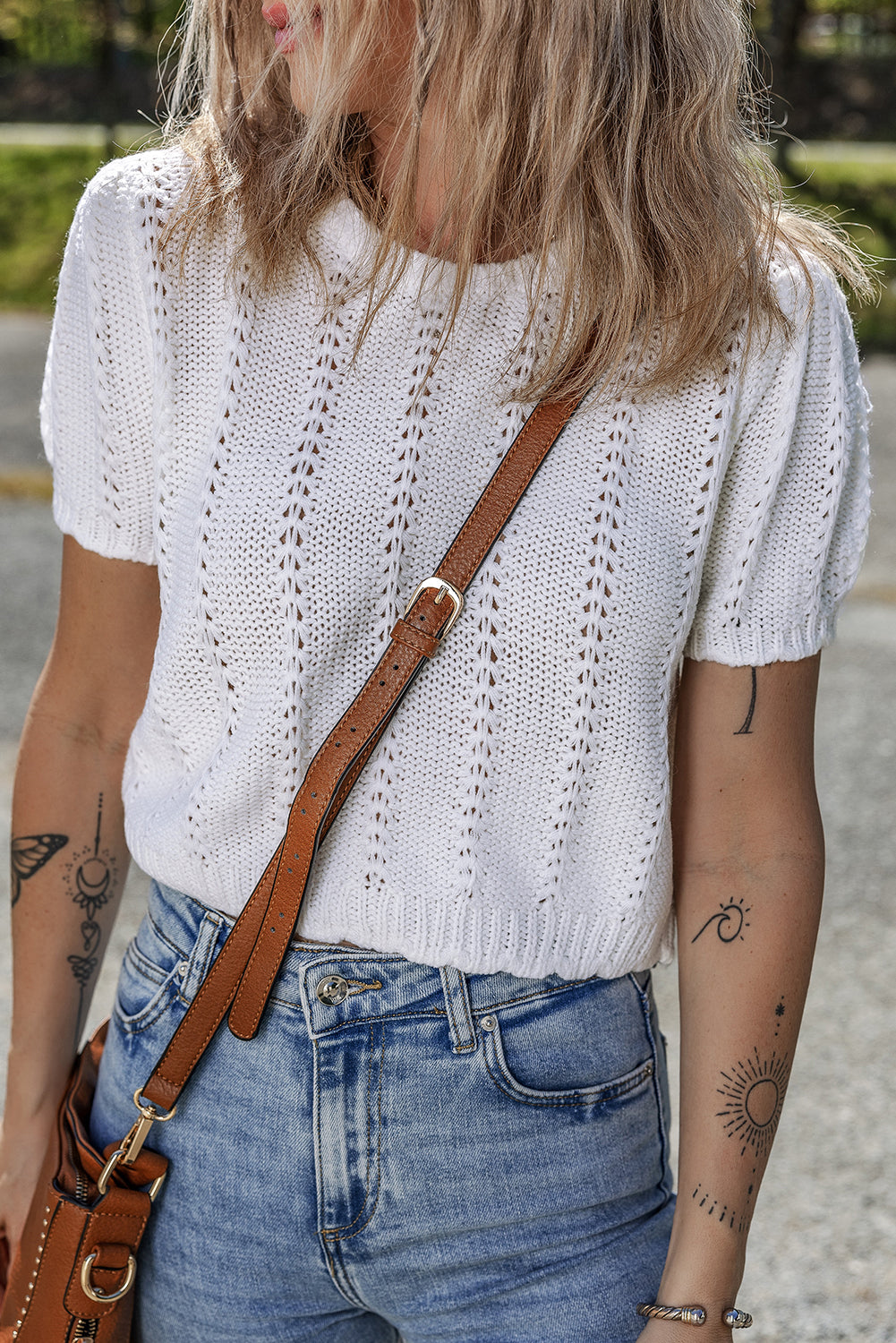 White Pointelle Knit Short Puff Sleeve Crewneck Sweater