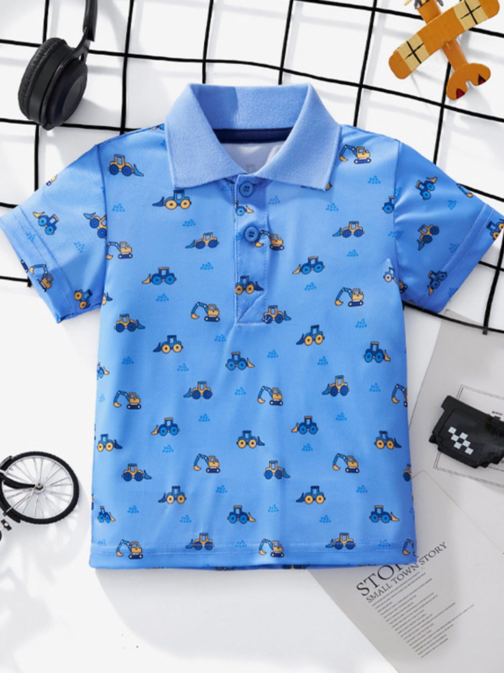 Children's Cartoon Excavator Print Short Sleeve Polo T-Shirt