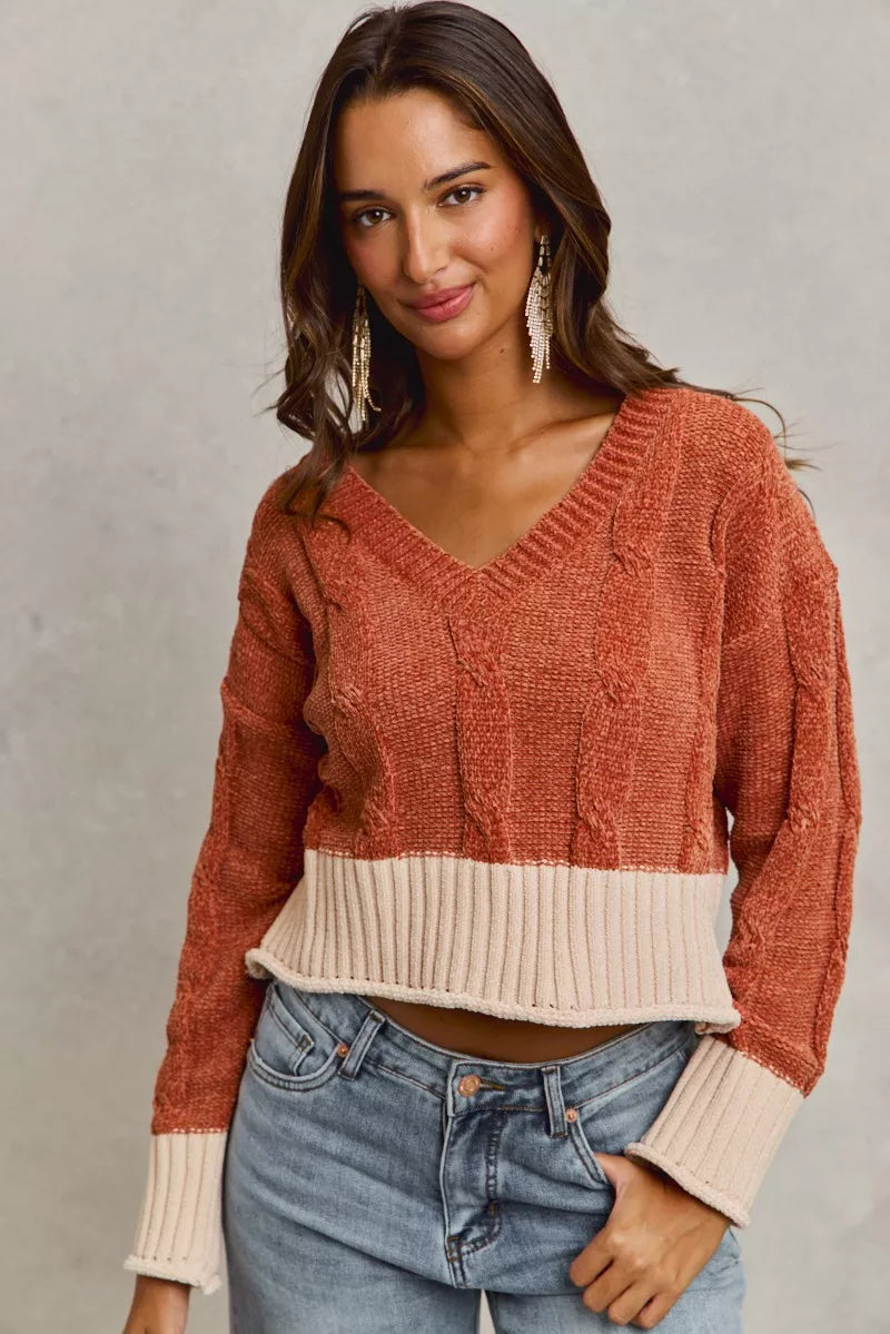 Chenille Cable Knit V Neck Contrast Cropped Sweater