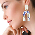 U Drop Earrings Blue and White Marbled Clay Stylish Statement Jewelry