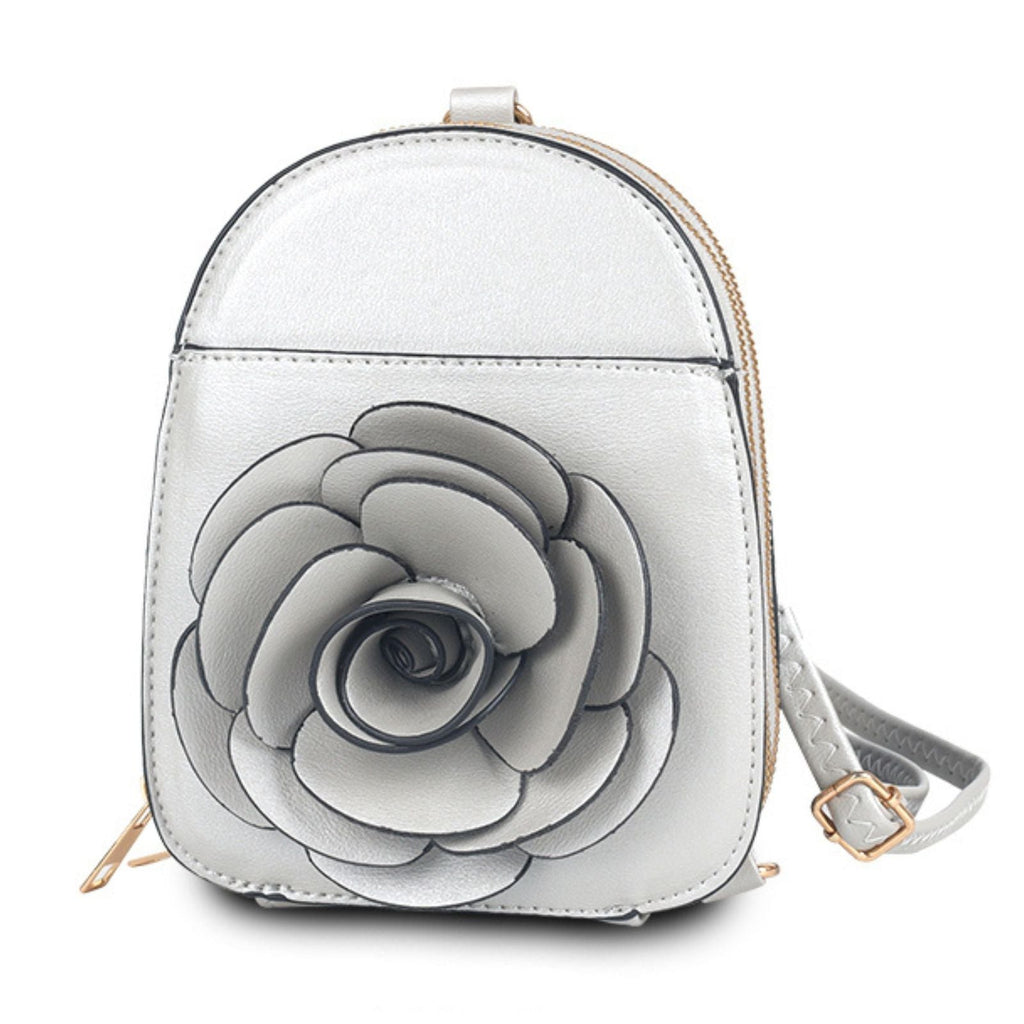 Women’s Mini Backpack Silver Flower Wallet Bag Stylish Casual Accessory