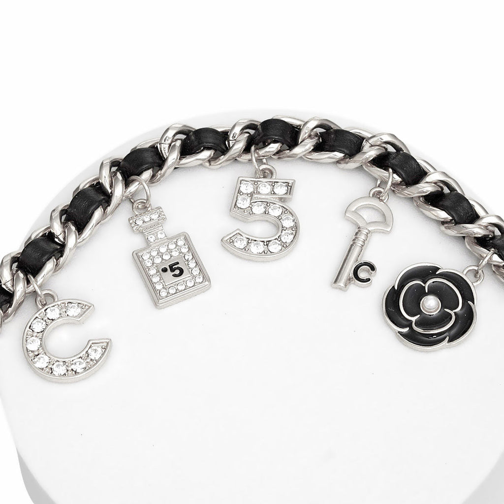 Anklet Black Woven Silver Chain with Camellia Charms Stylish Jewelry Accessory