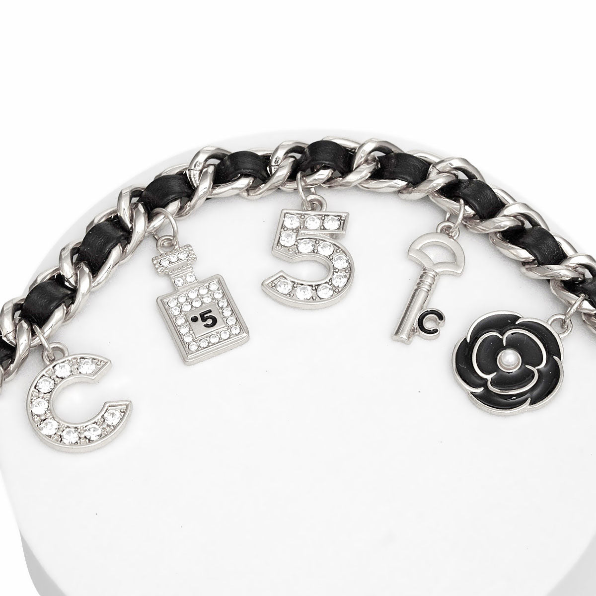 Anklet Black Woven Silver Chain with Camellia Charms Stylish Jewelry Accessory