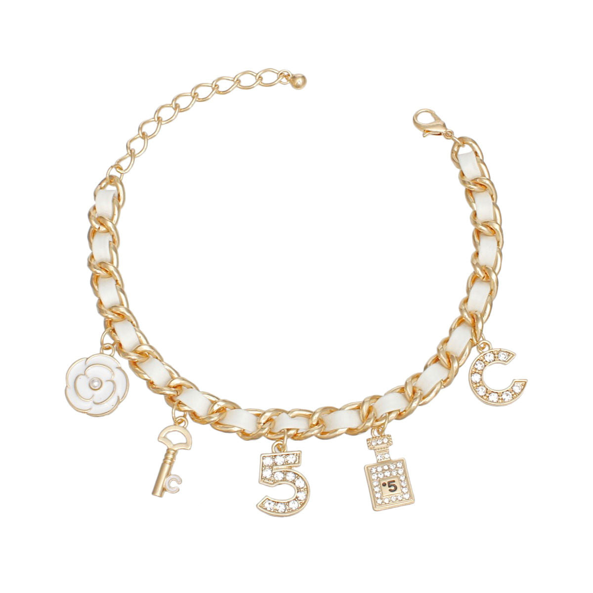 Woven White Anklet with Gold Chain and Camellia Charms – Stylish Fashion Jewelry