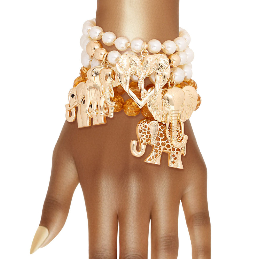 Bracelets with Mixed Gold Beads and Elephant Charm – Stylish Fashion Jewelry