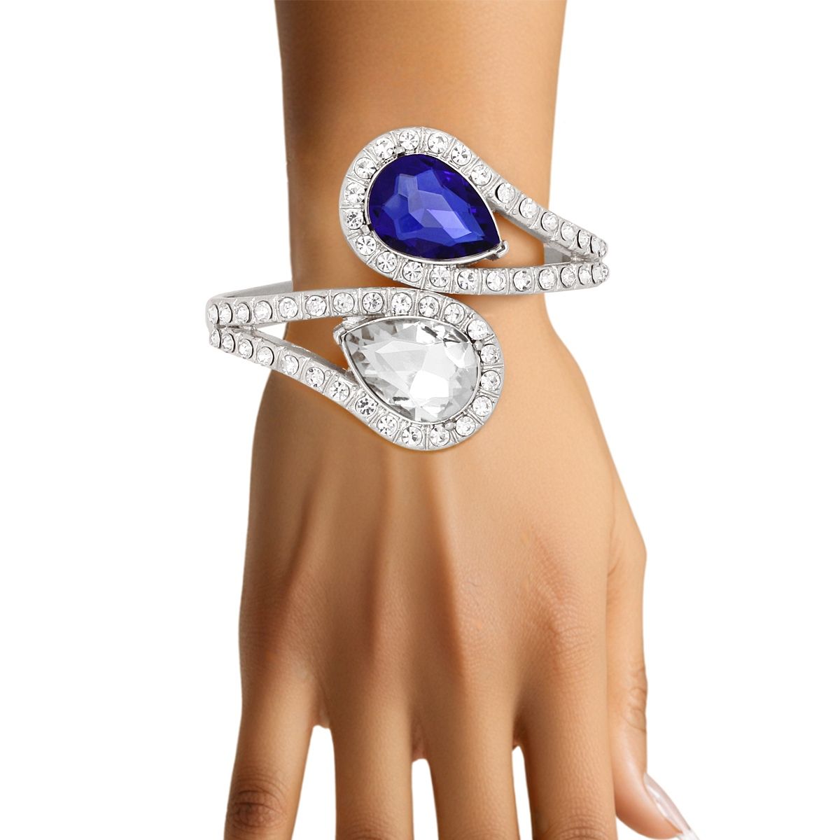 Crystal Cuff Bracelet Blue and Clear Teardrop Stylish Statement Jewelry