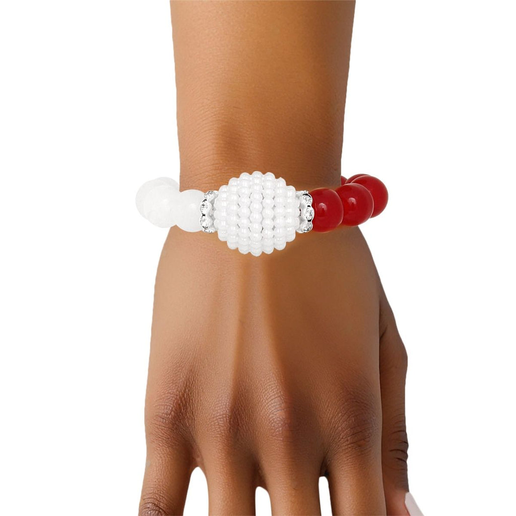 Glass Bead Bracelet with Red and White Pearls – Trendy Sorority Jewelry Accessory