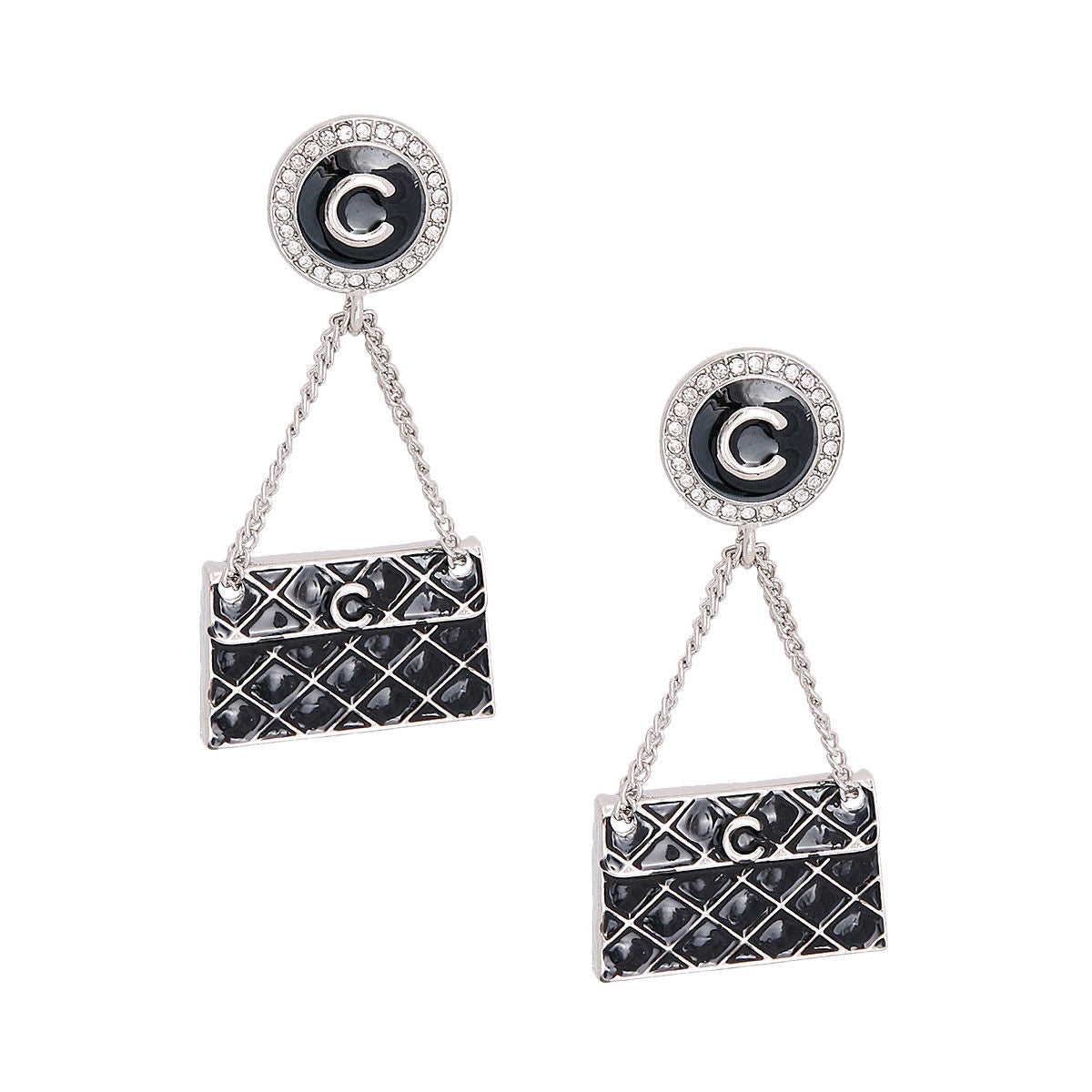 Quilted Black Fashion Handbag and Silver Earrings Set Stylish Accessories