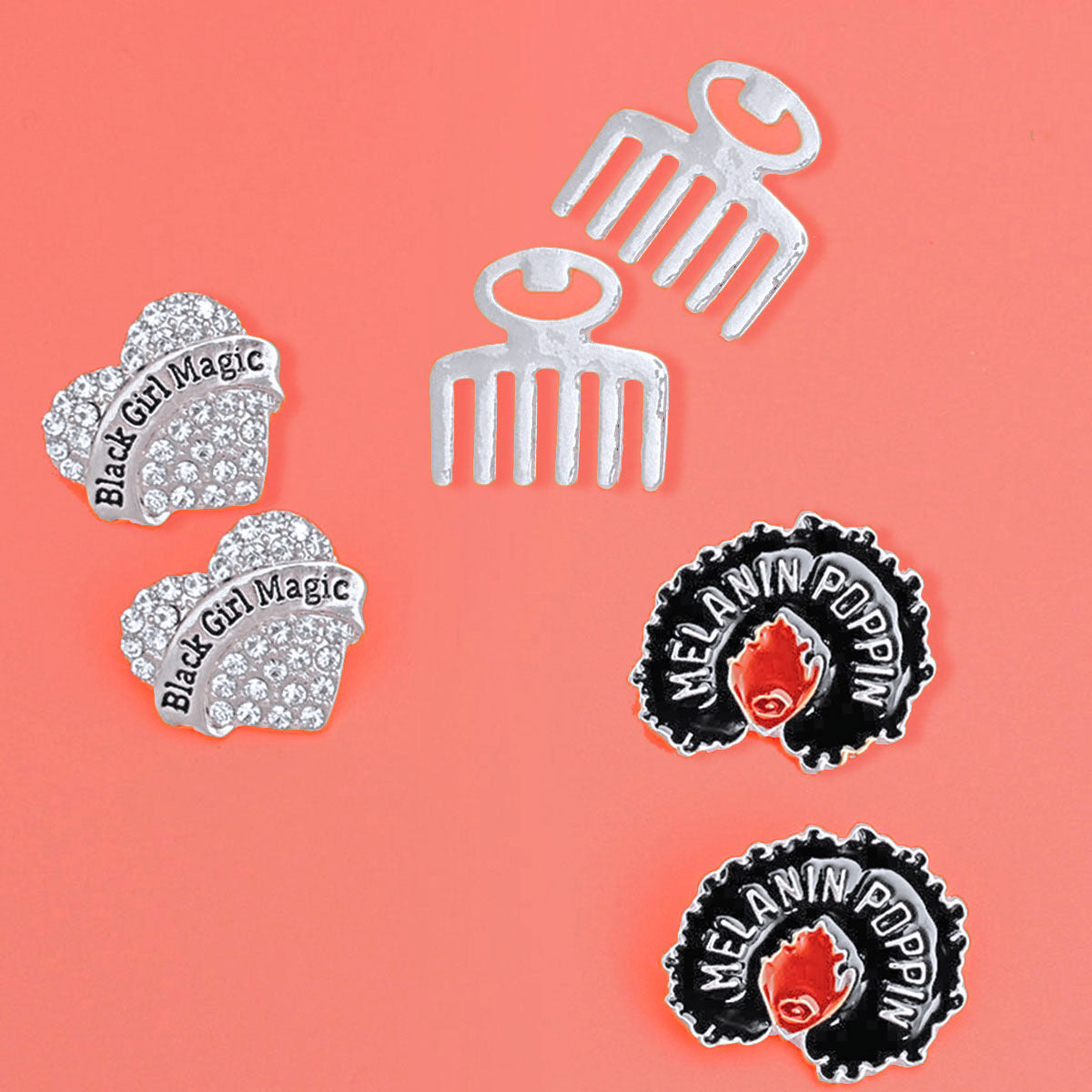 Afro Stud Earrings 3 Pcs Silver Black Girl Stylish Jewelry