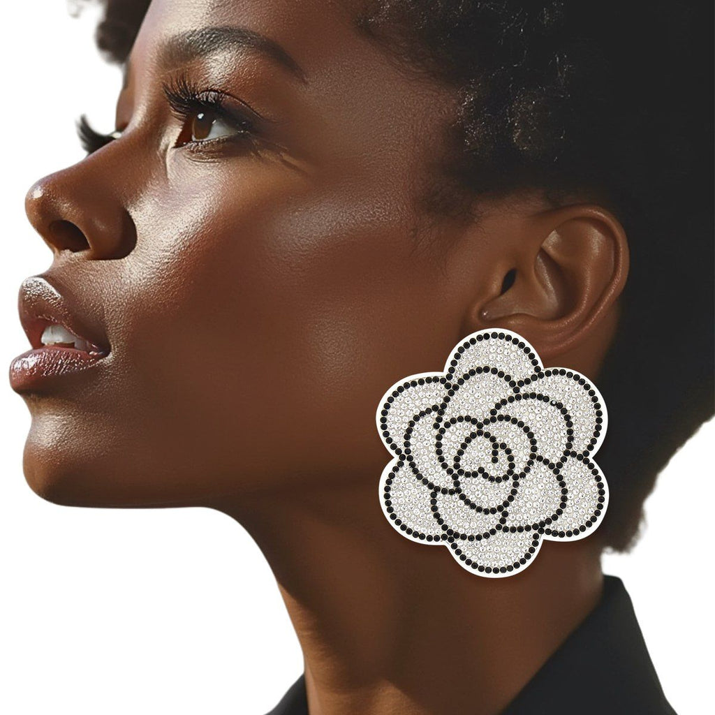 White Flower Rhinestone Stud Earrings Stylish Fabric Statement Jewelry