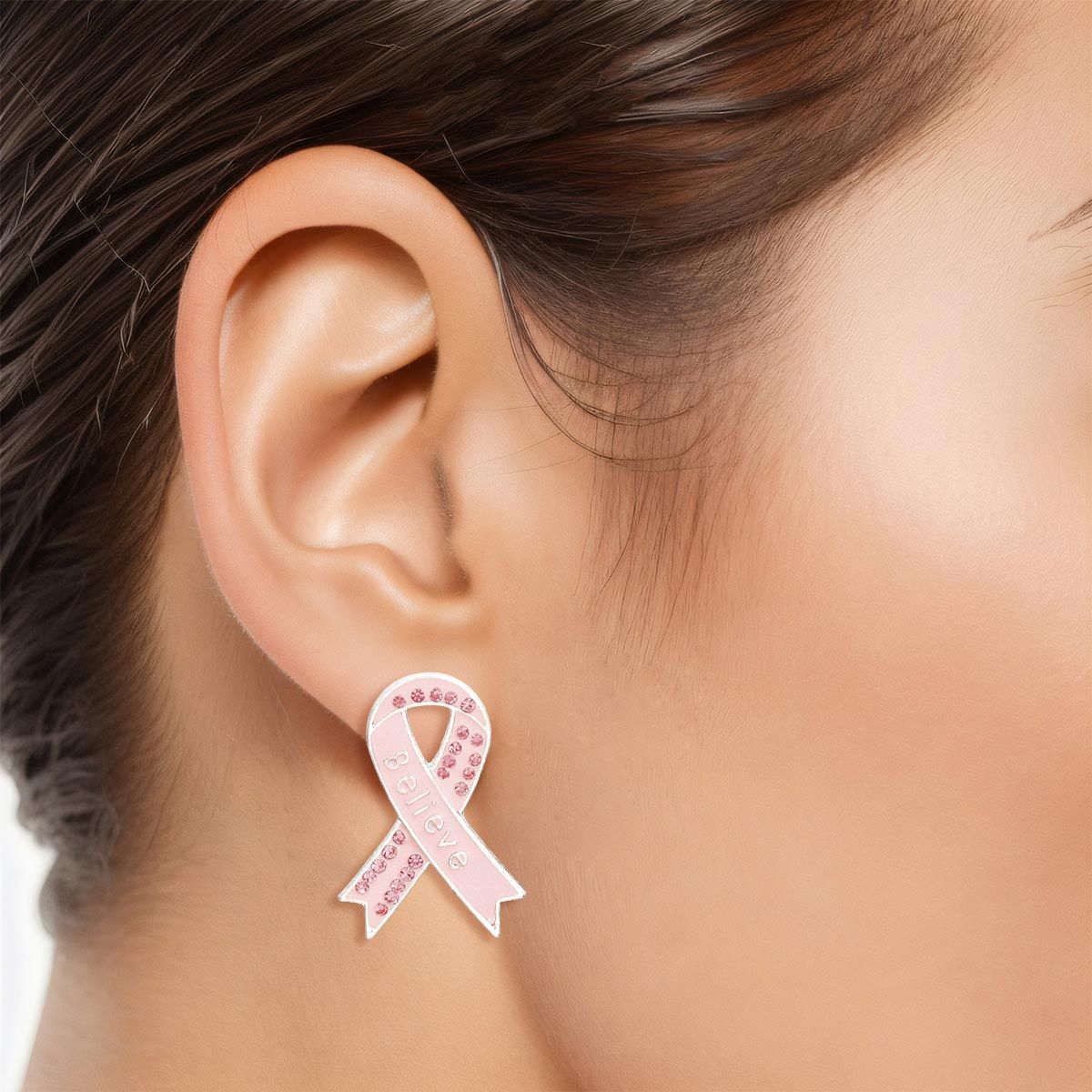 Silver Stud Earrings with Light Pink Ribbon Believe Detail – Stylish Fashion Jewelry