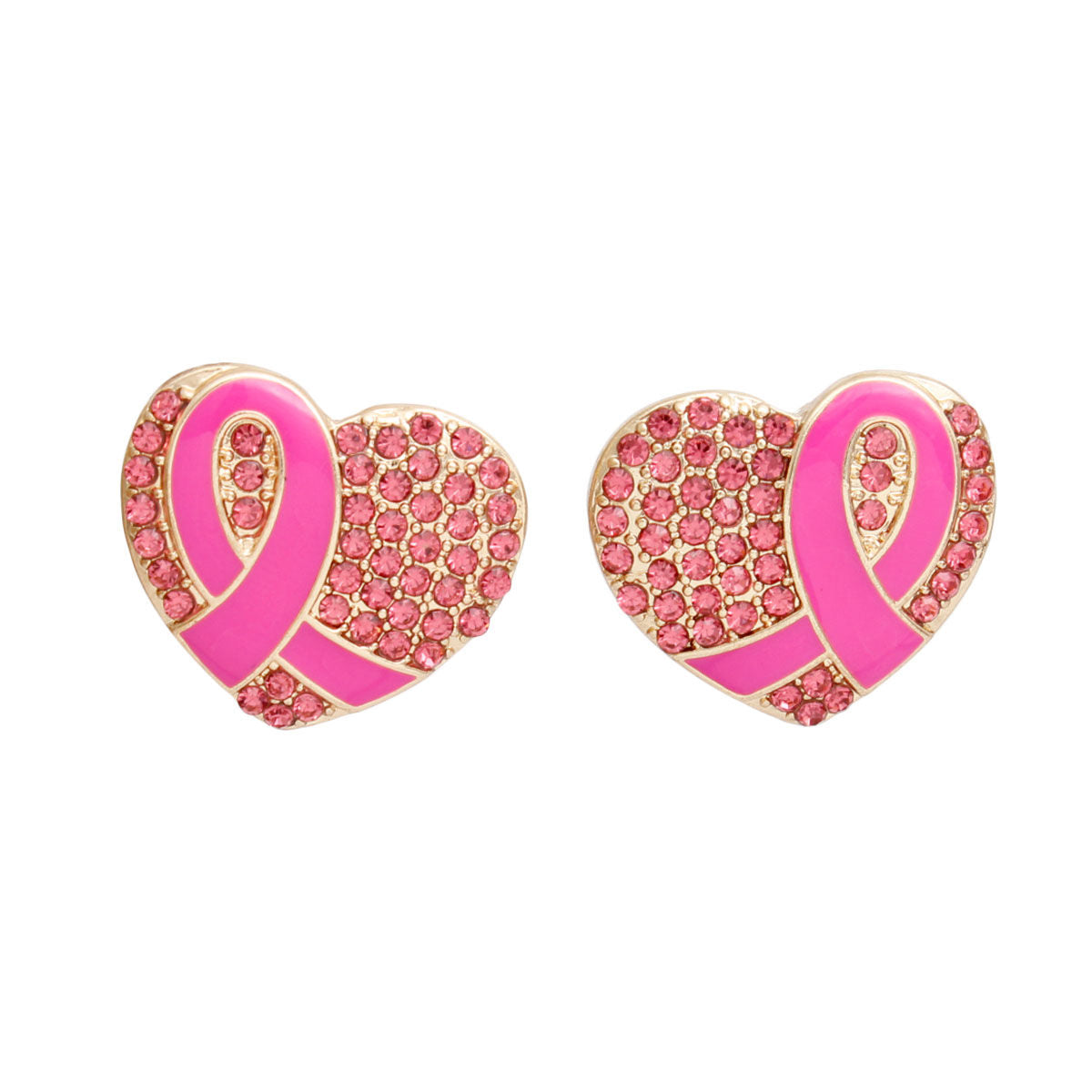 Gold Heart Pink Stone Cancer Ribbon Stud Earrings Stylish Fashion Jewelry