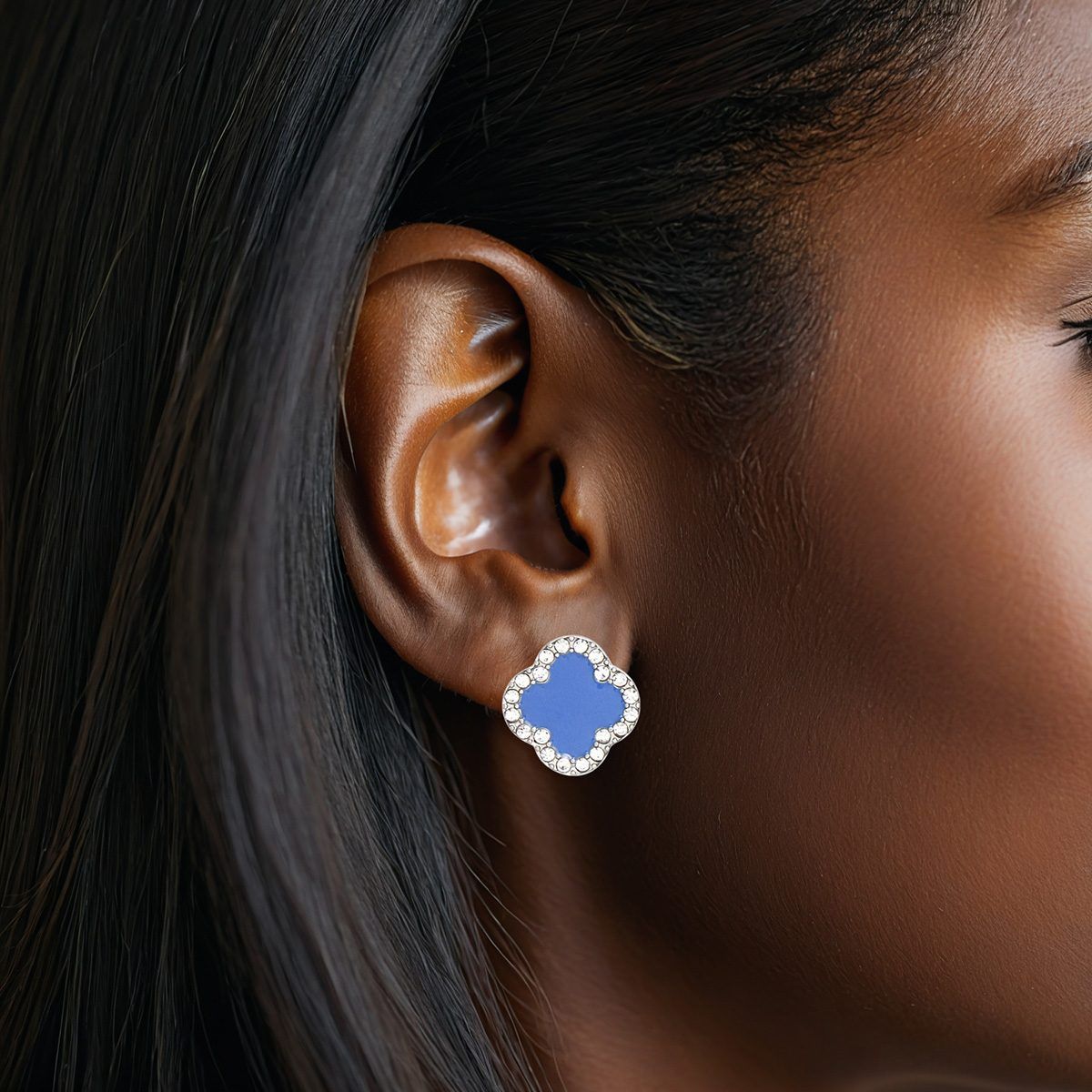 Rhinestone Clover Stud Earrings Blue Silver Stylish Fashion Jewelry
