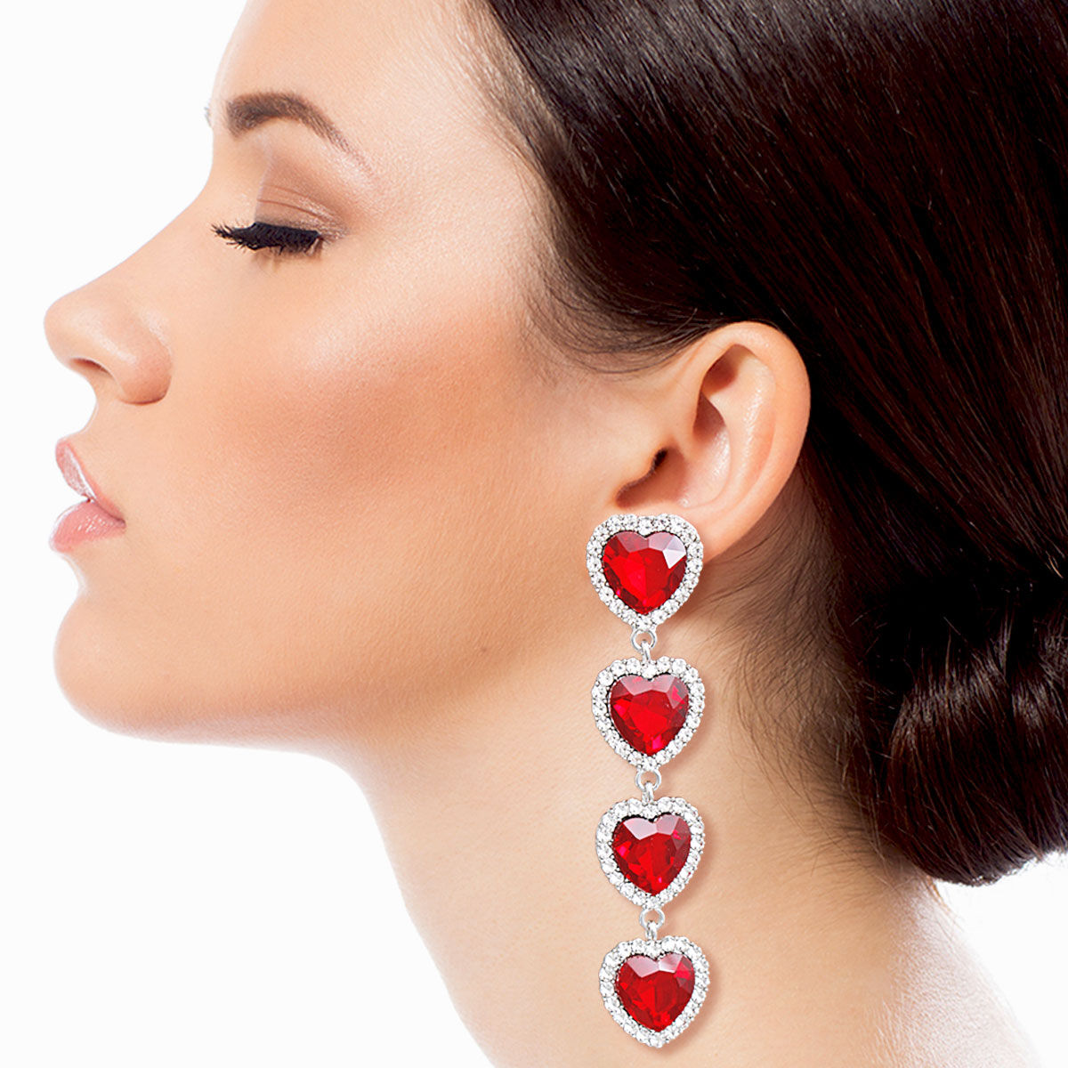Statement Red Crystal Quad Heart Earrings Stylish Fashion Jewelry
