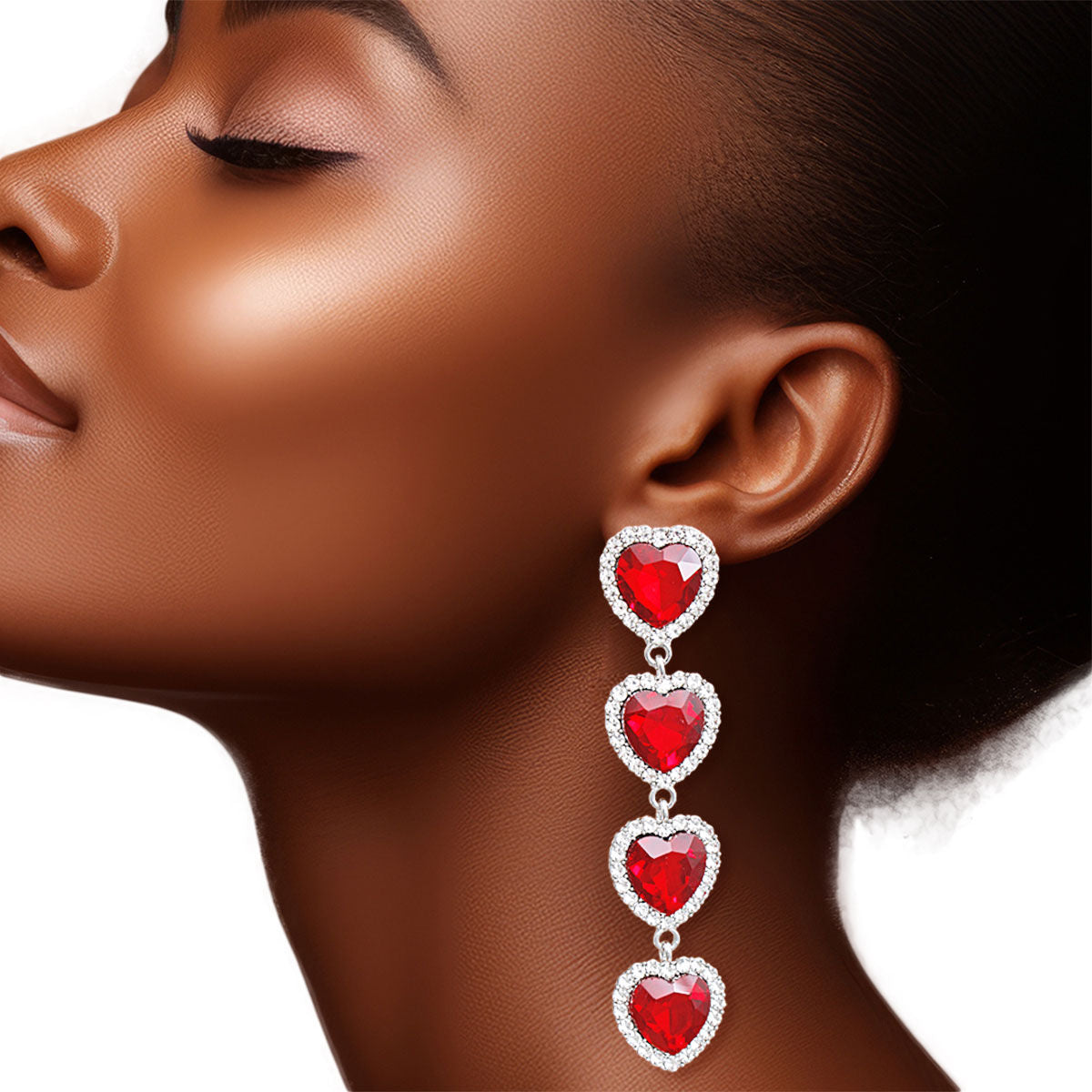 Statement Red Crystal Quad Heart Earrings Stylish Fashion Jewelry