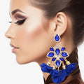 Statement Tassel Earrings with Royal Blue Crystal Petal Dangles, Trendy Chic Jewelry