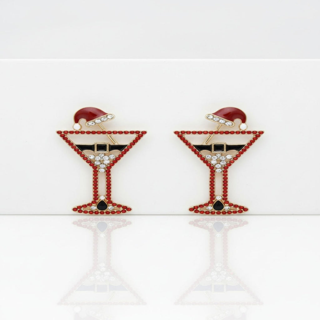 Stud Earrings Gold Tipsy Santa Red Martini Christmas Statement Jewelry