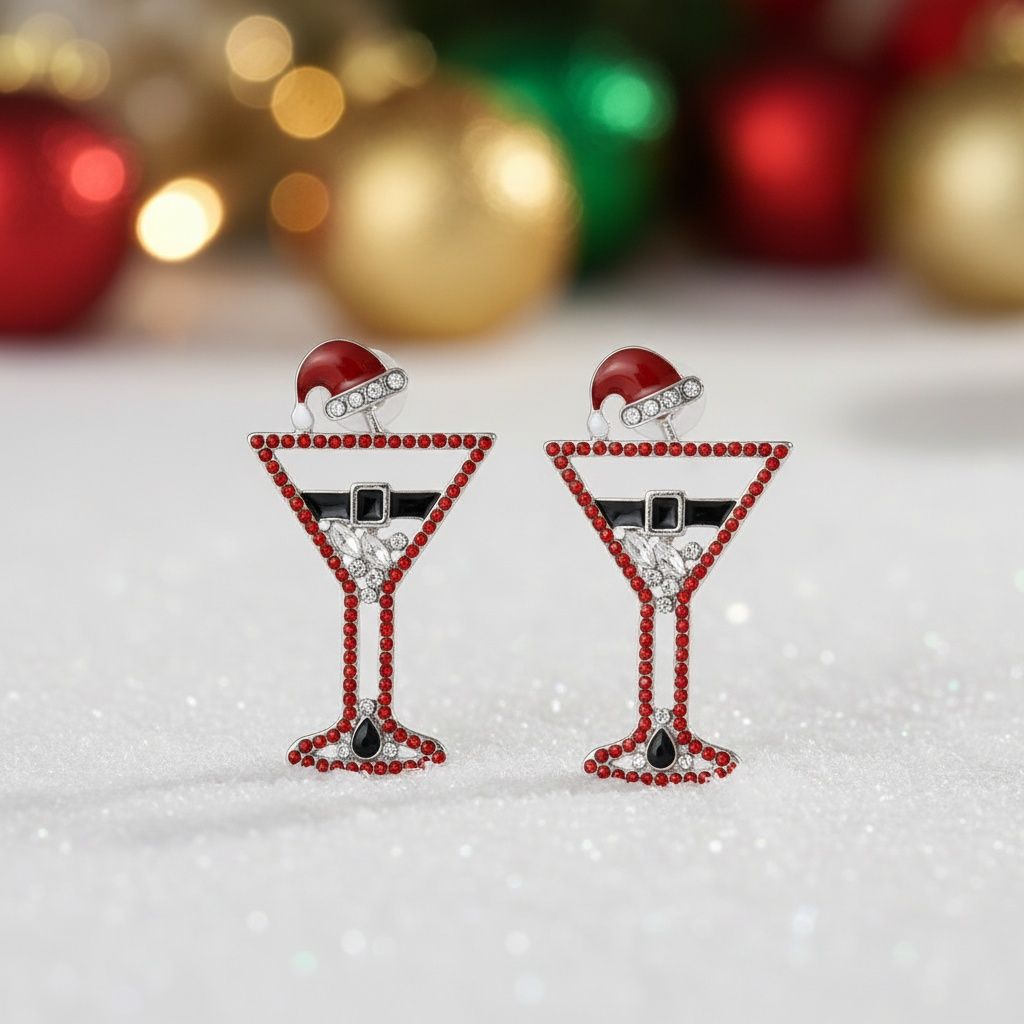 Silver Stud Earrings Red Martini Santa Tipsy Xmas Trendy Jewelry