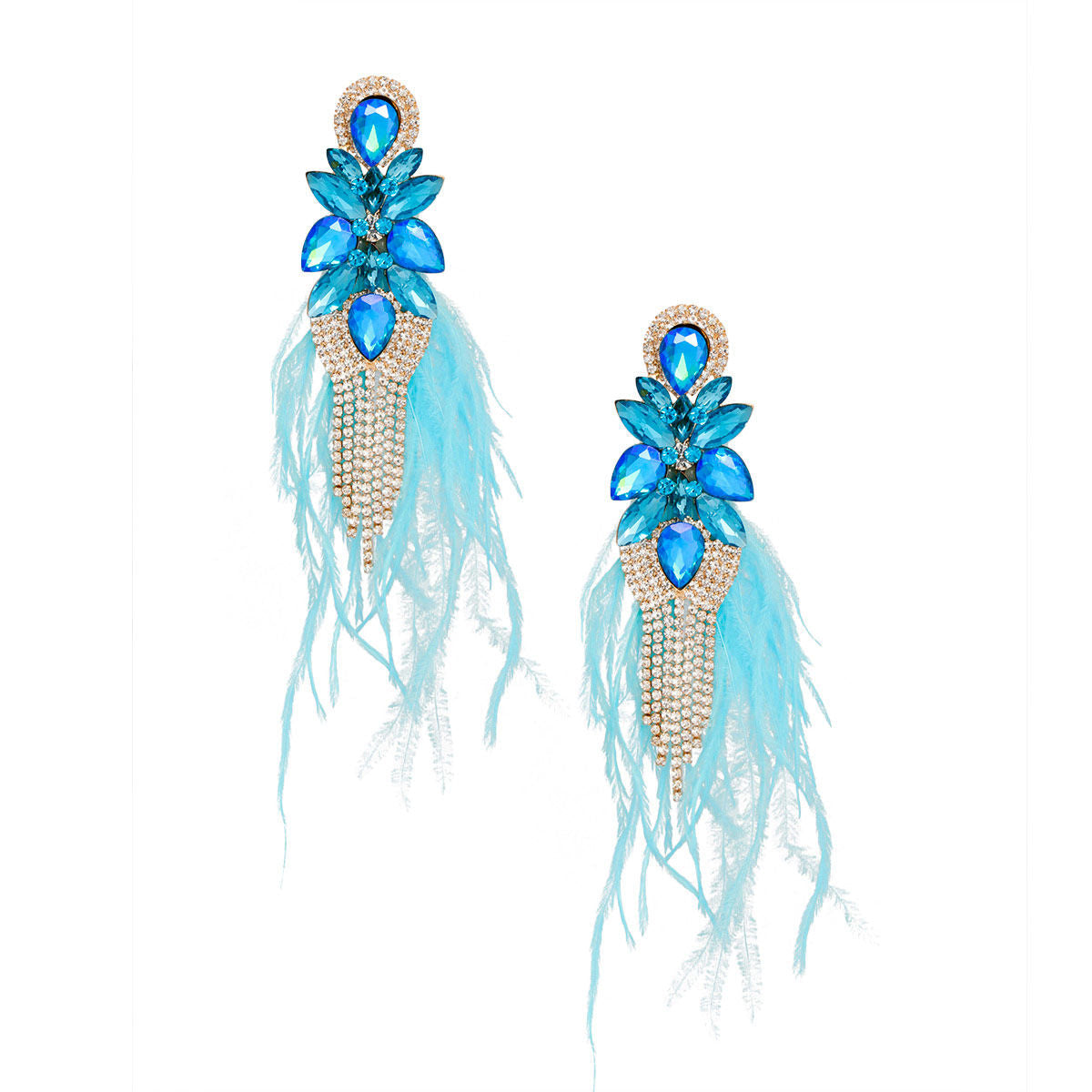 Women’s Blue Feather Tassel Glass Earrings Stylish Statement Jewelry