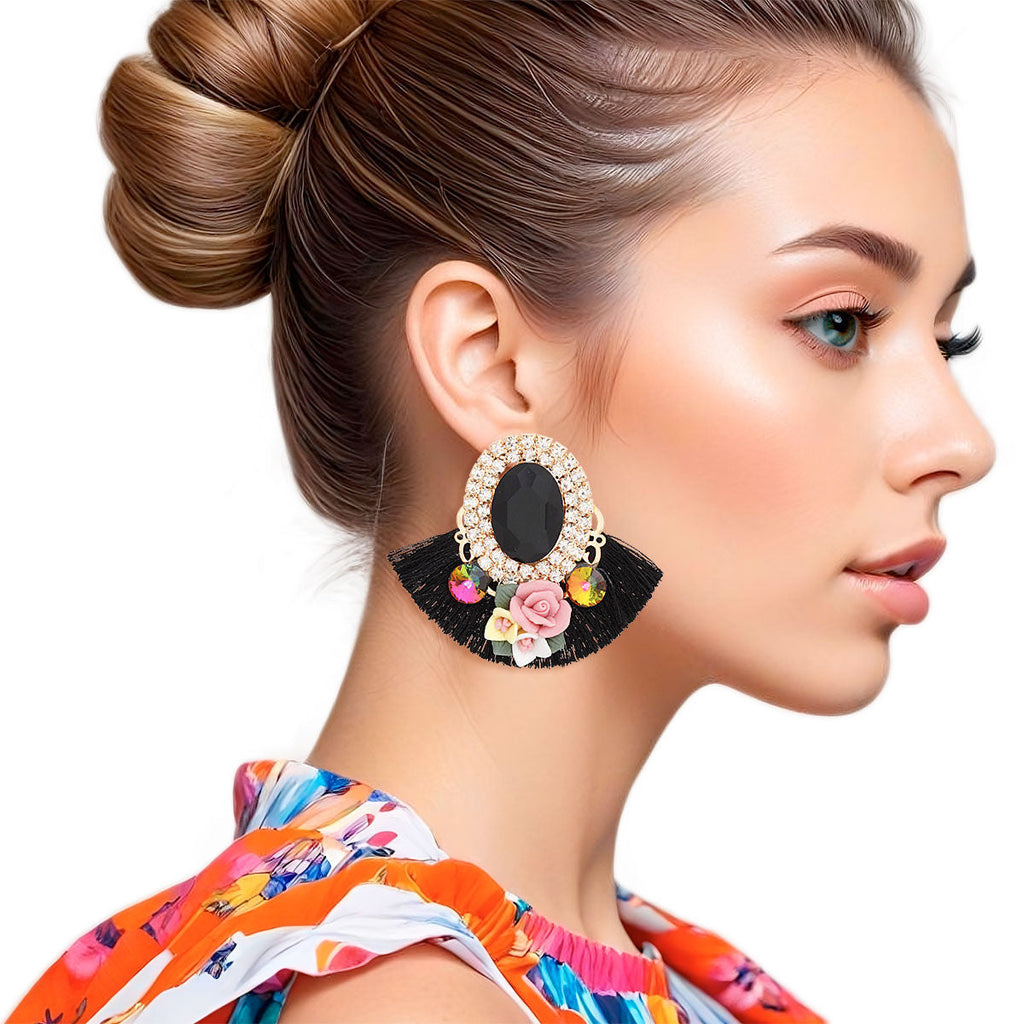 Floral Fan Tassel Stud Earrings Black Crystal Stylish Statement Jewelry