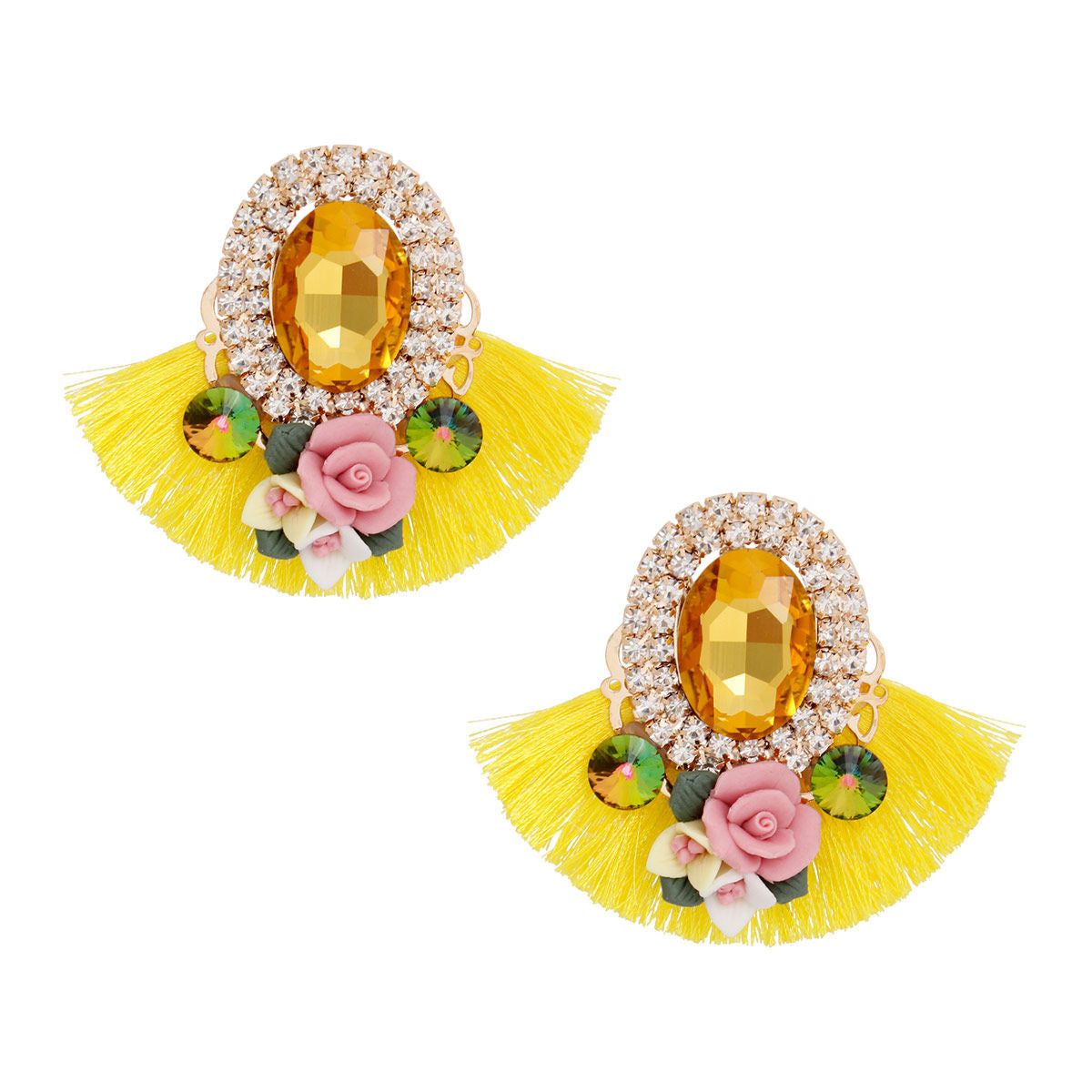 Yellow Crystal Fan Tassel Floral Stud Earrings – Stylish Statement Jewelry