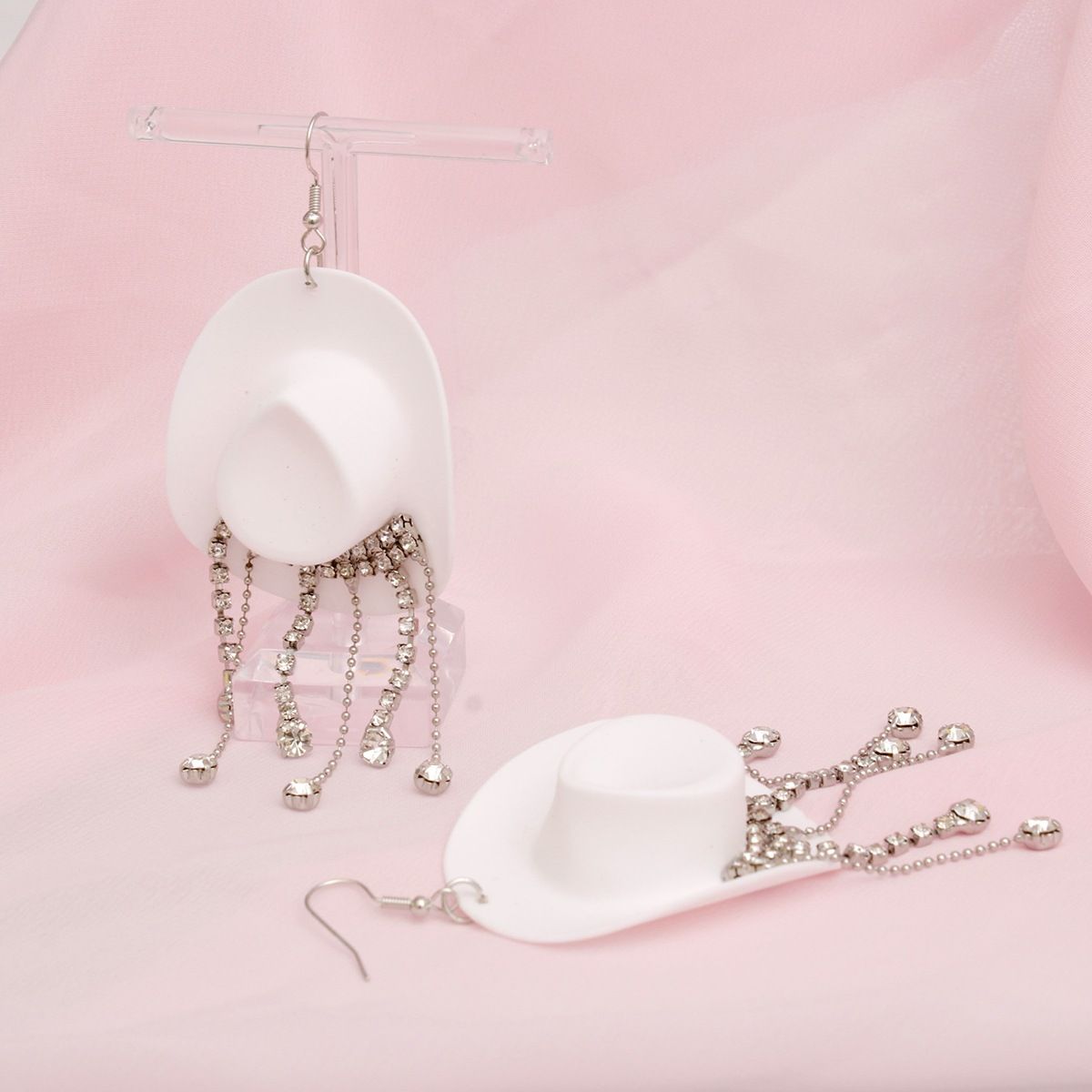 Fringe White Cowgirl Hat Earrings Fish Hook Stylish Statement Jewelry