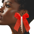 Statement Tassel Fringe Earrings with Red Ribbon Bow, Trendy Sparkling Design