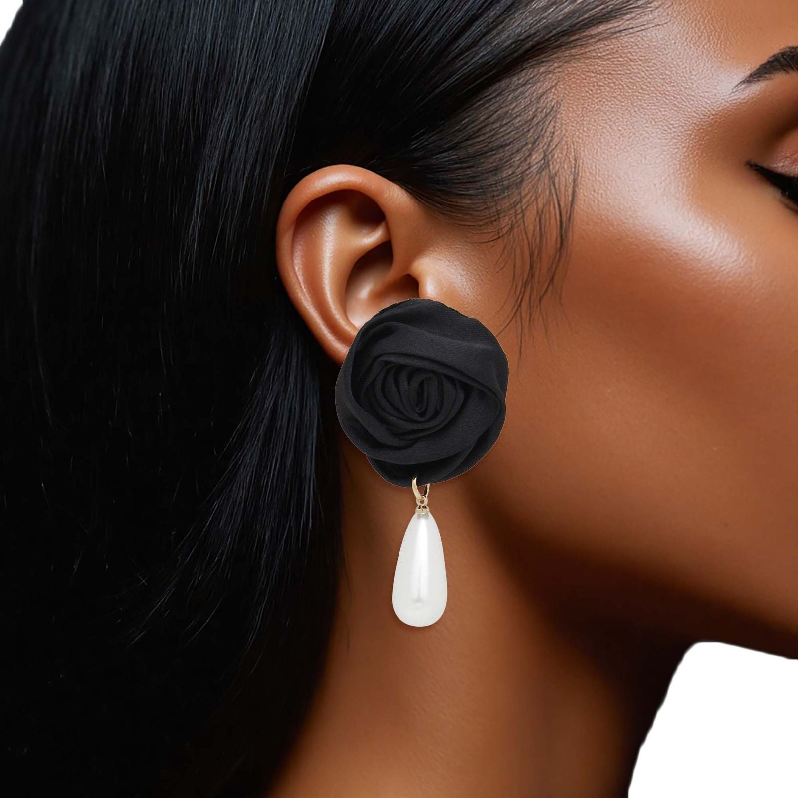 Teardrop Stud Earrings Black Rose White Pearl Stylish Chic Jewelry