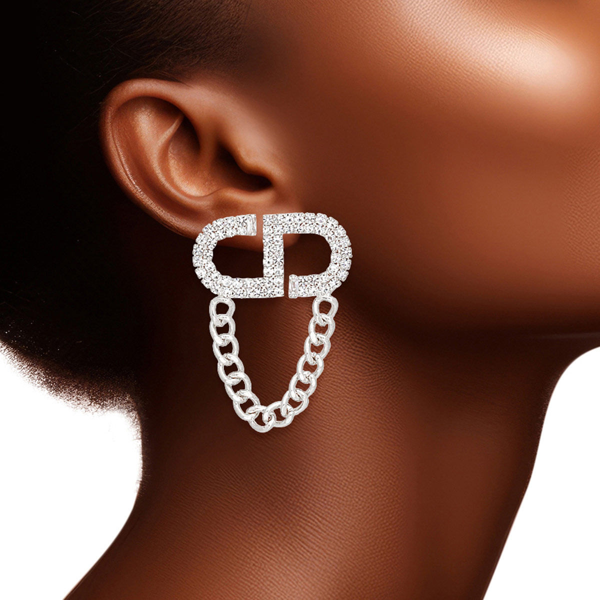 Women’s Silver Pave CD Draped Chain Stud Earrings Stylish Statement Jewelry