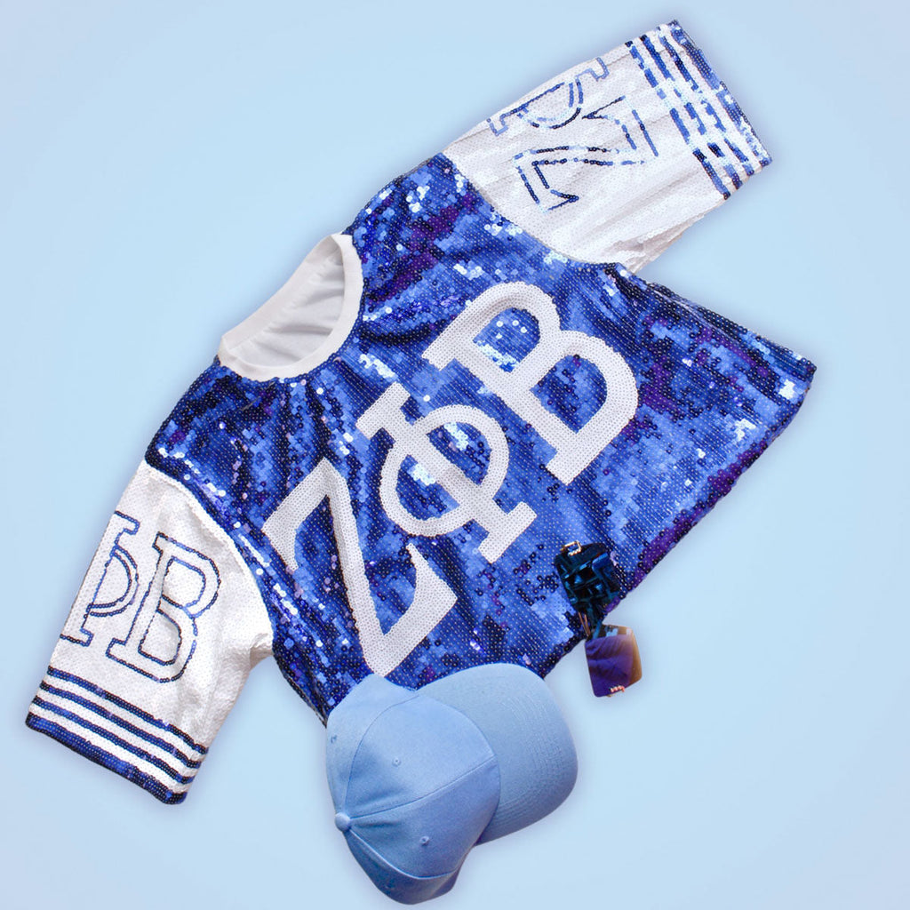 Women’s Sequin Jersey Shirt Blue and White Sorority Trendy Casual Top