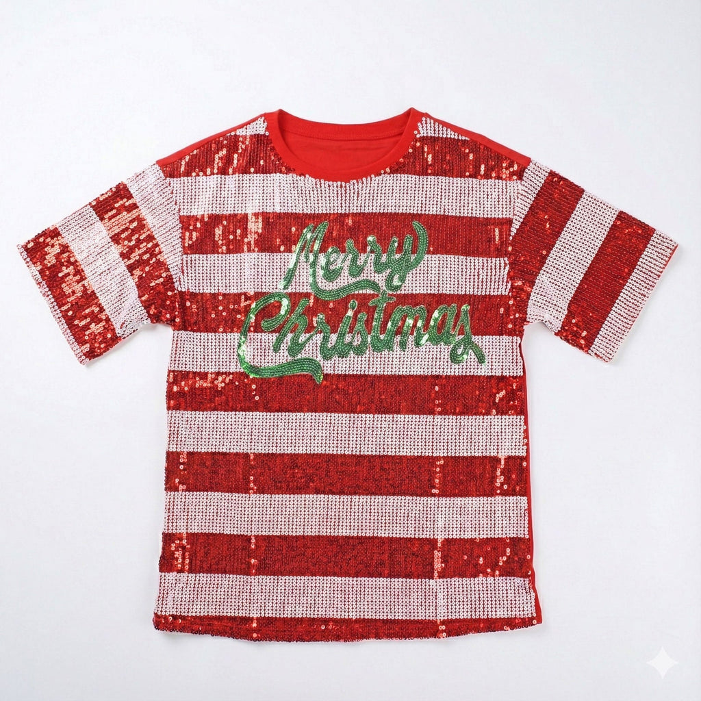 Women’s Jersey Holiday Cheer Sequin Xmas Shirt Red White Stylish