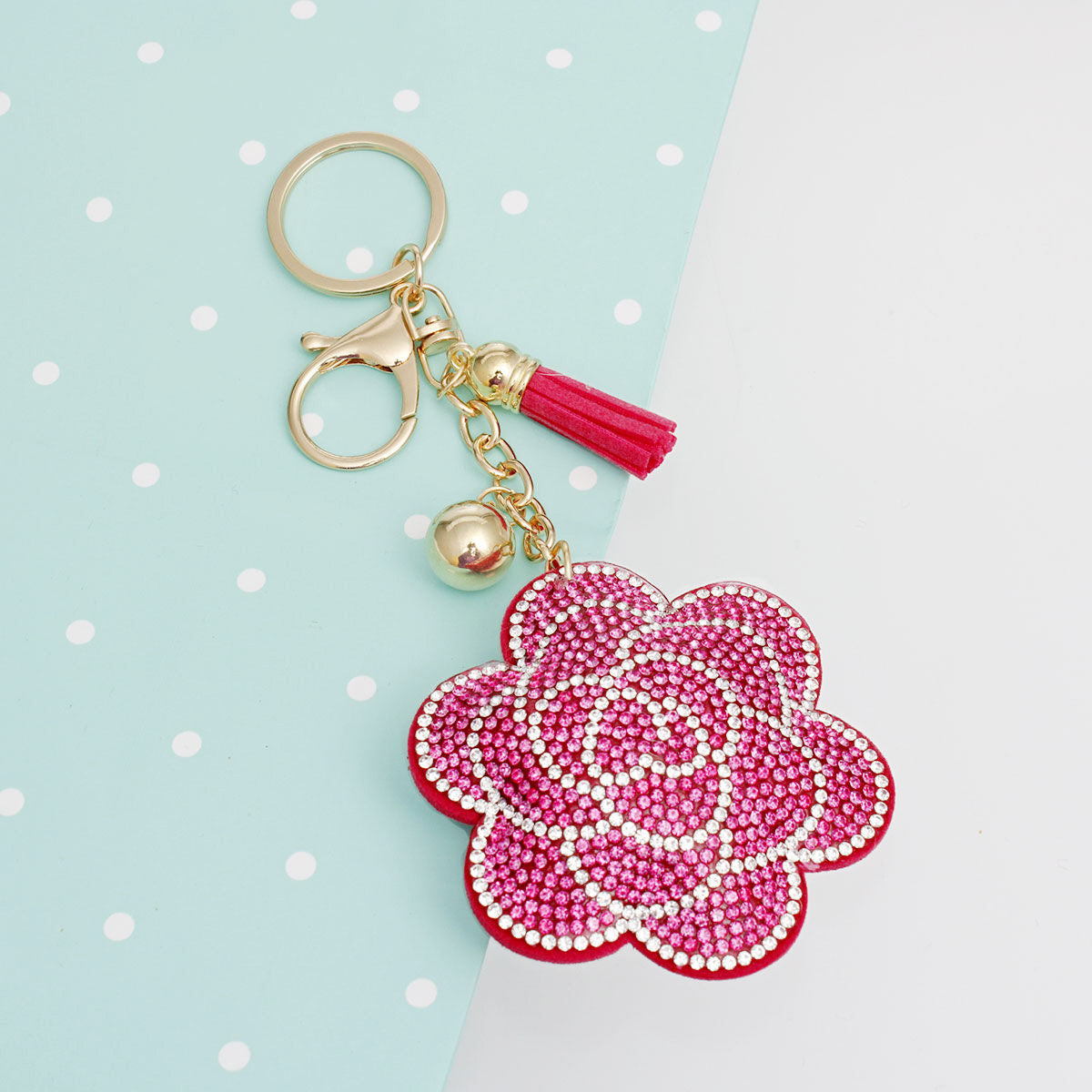 Fashion Keychain Padded Charm with Pink Rhinestone Flower – Trendy Accessory