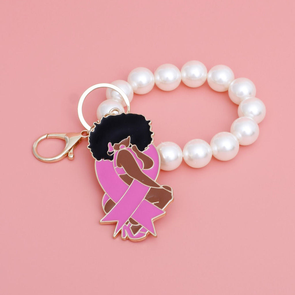 Pearl Wristlet Keychain with Gold Pink Ribbon Accent – Stylish Fashion Accessory