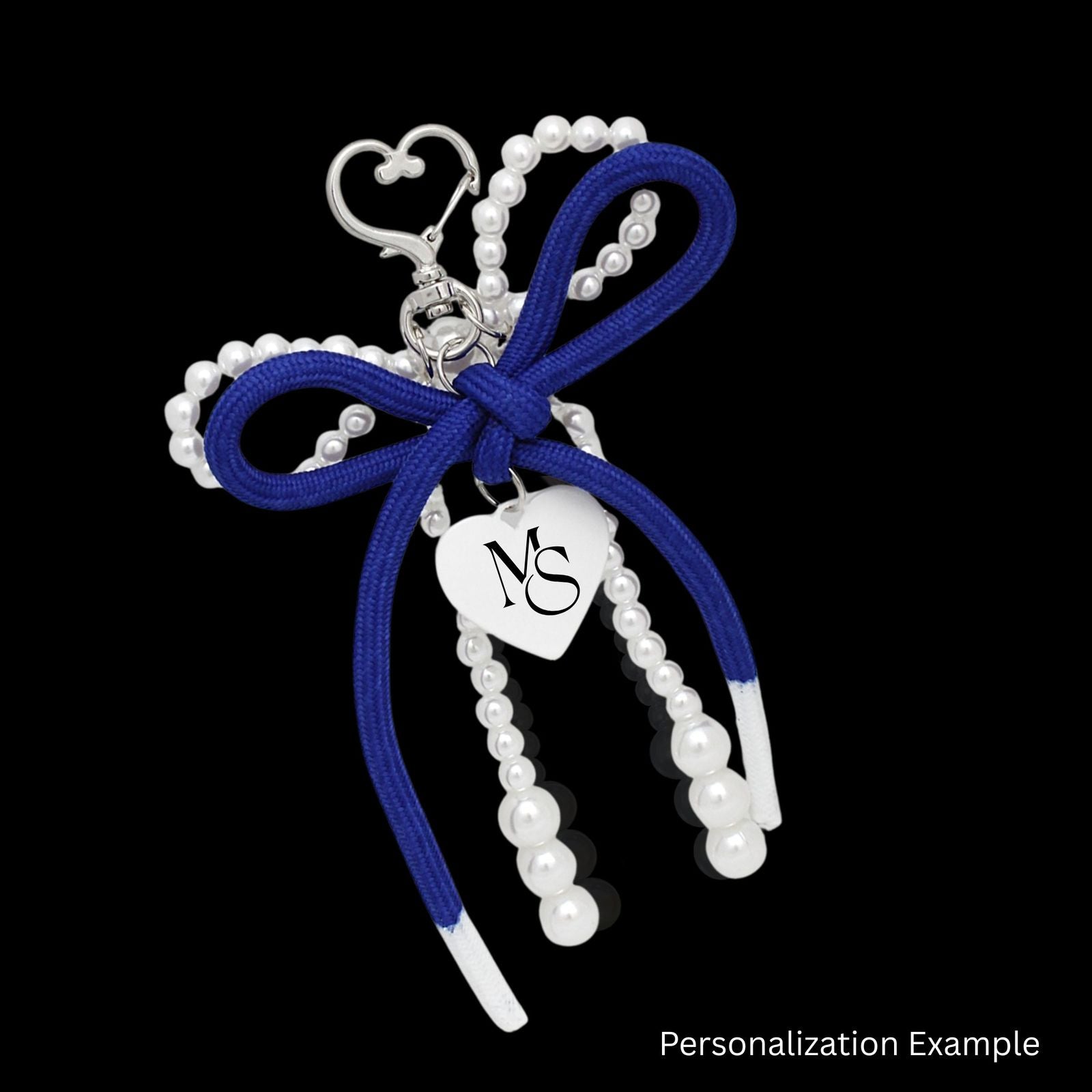Bag Clip with White Pearl and Blue Cord Bow Heart – Stylish Accessory