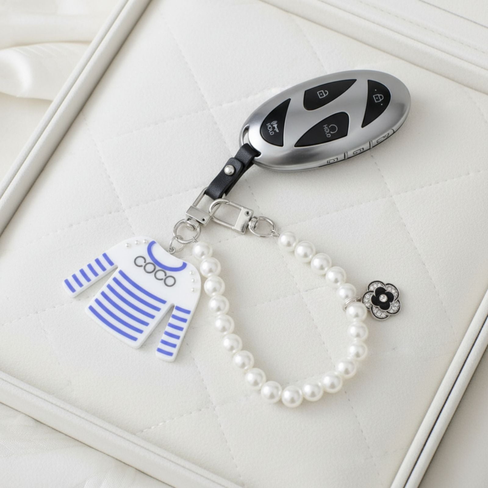 Fashion Keychain with White Blue Stripe COCO Shirt Pearl Clip Stylish Accessory