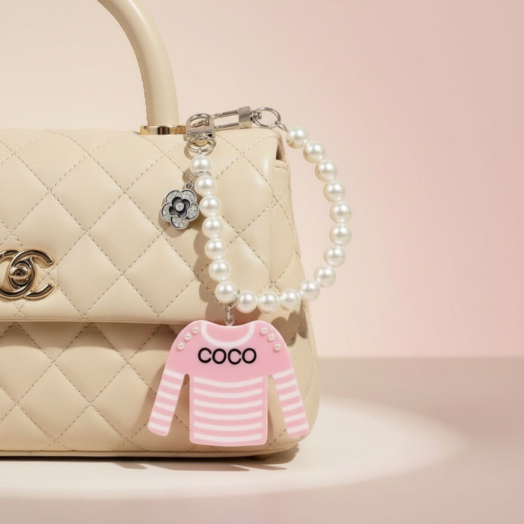 Fashion Keychain with Pink White Stripe COCO Shirt and Pearl Clip Accessory
