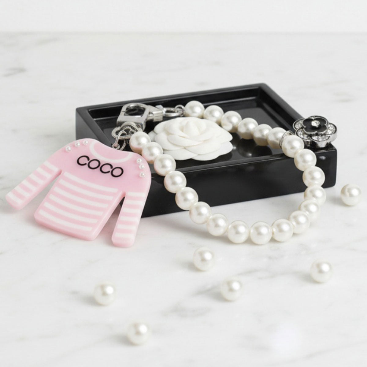 Fashion Keychain with Pink White Stripe COCO Shirt and Pearl Clip Accessory