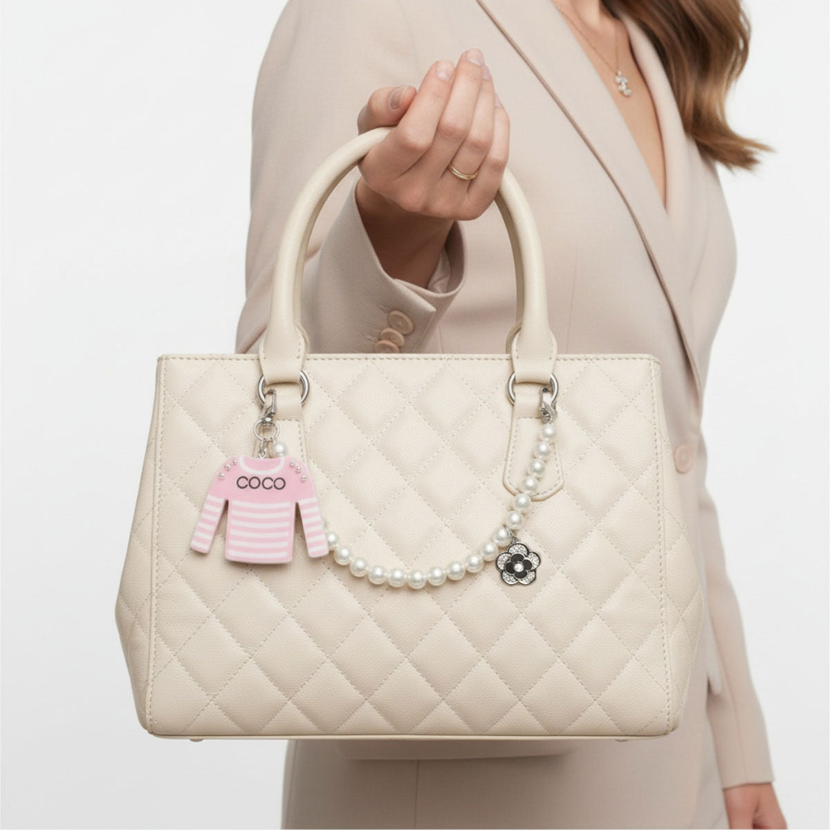 Fashion Keychain with Pink White Stripe COCO Shirt and Pearl Clip Accessory