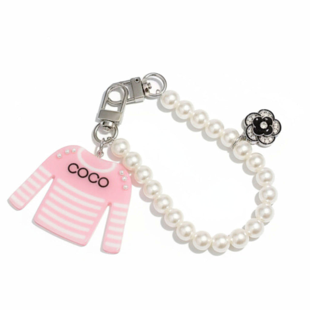 Fashion Keychain with Pink White Stripe COCO Shirt and Pearl Clip Accessory