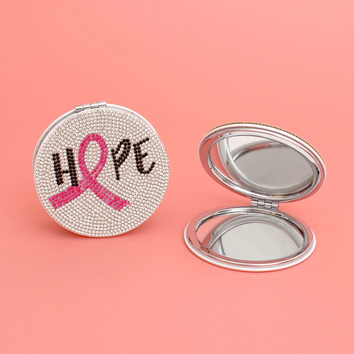 Mirror Compact with Breast Cancer Hope Ribbon Bling – Stylish Accessory