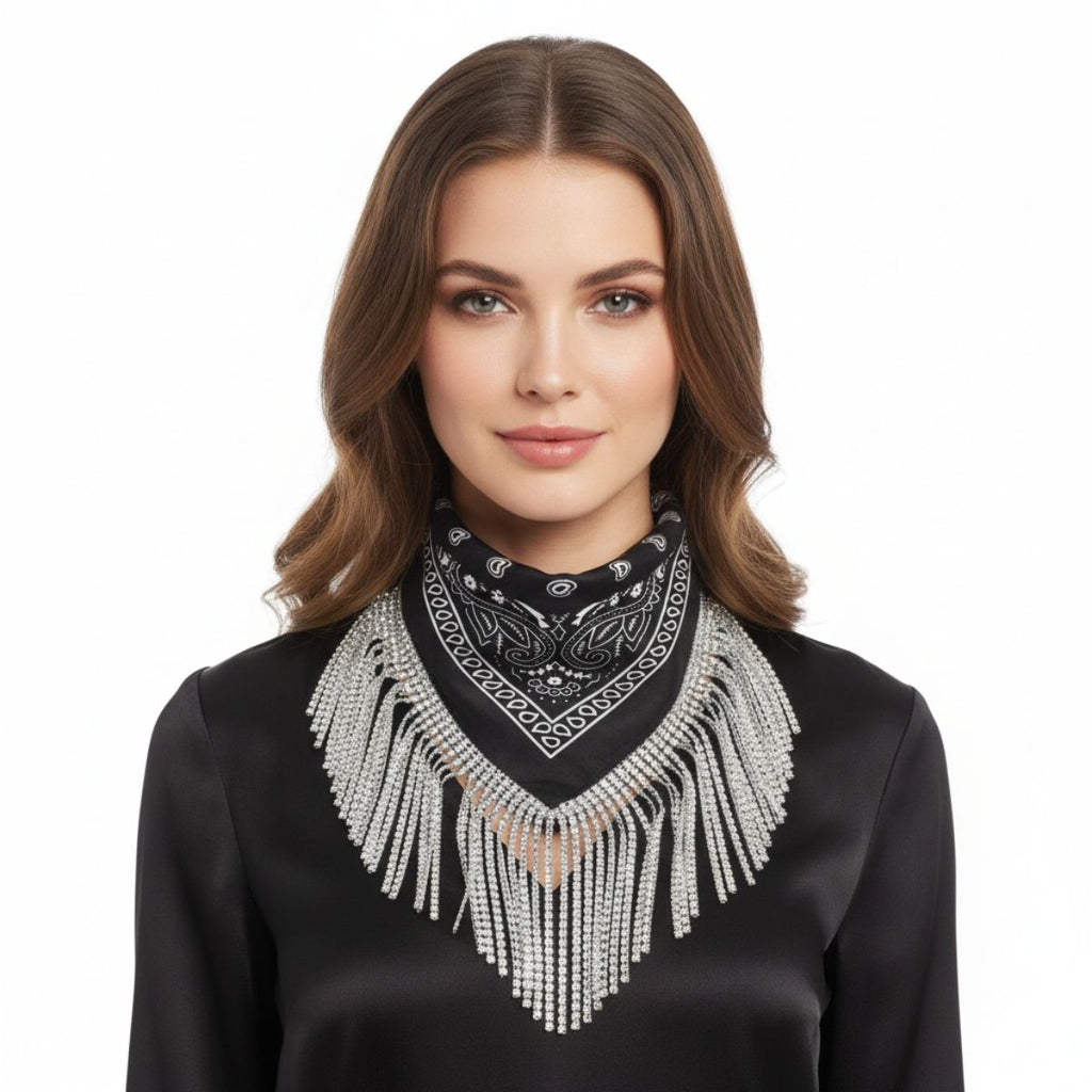 Statement Necklace Black Bandana Bling Fringe Stylish Accessory